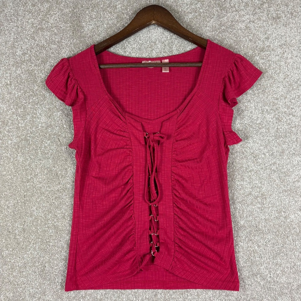 Willow + Root Ribbed Lace Up Ruffle Cap Sleeve Top Red Medium